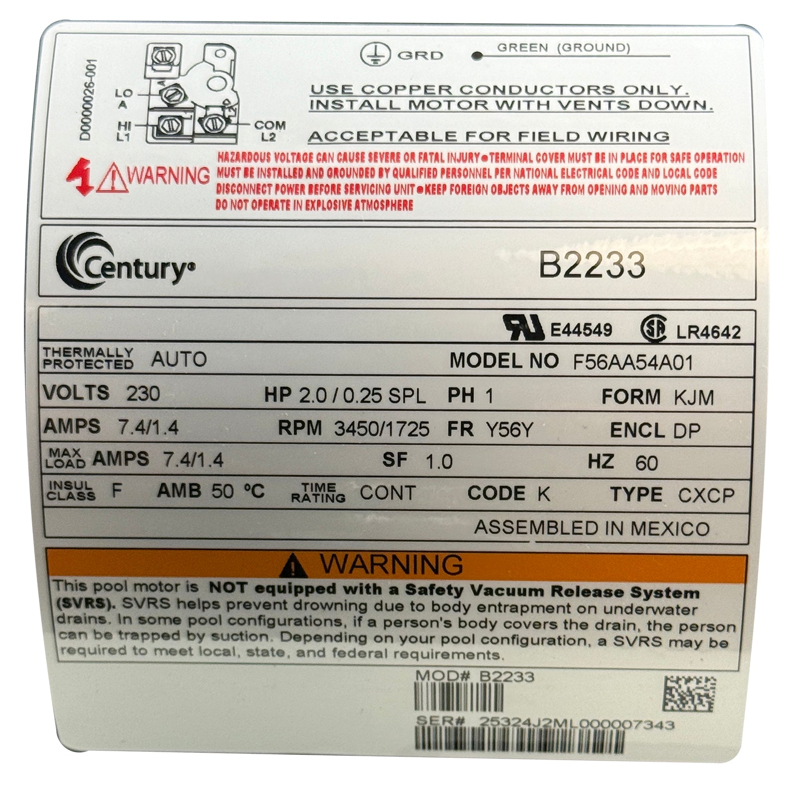 Motor, Century, 2.0 Horsepower, 230v, 2 Speed, 56 Y Frame/ B2233