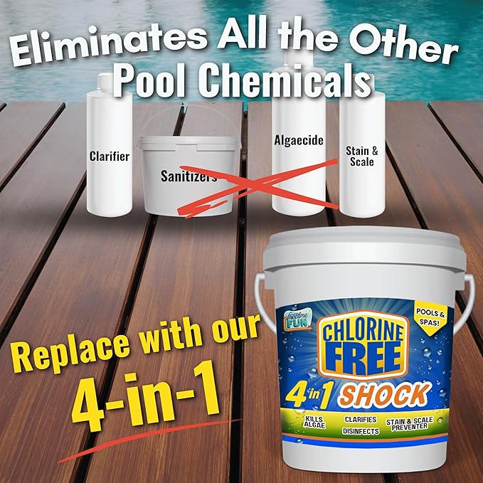 Non-Chlorine 4 in 1 Shock, 25lbs for Pools and Spas. Fast Acting, Quick Dissolving, Shock, Sanitizes, Clarifies, Eliminates Algae & Prevents Stains. Reduces Harsh Chlorine Usage