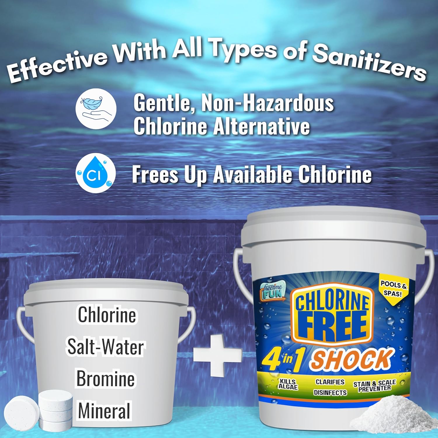 Non-Chlorine 4 in 1 Shock, 25lbs for Pools and Spas. Fast Acting, Quick Dissolving, Shock, Sanitizes, Clarifies, Eliminates Algae & Prevents Stains. Reduces Harsh Chlorine Usage
