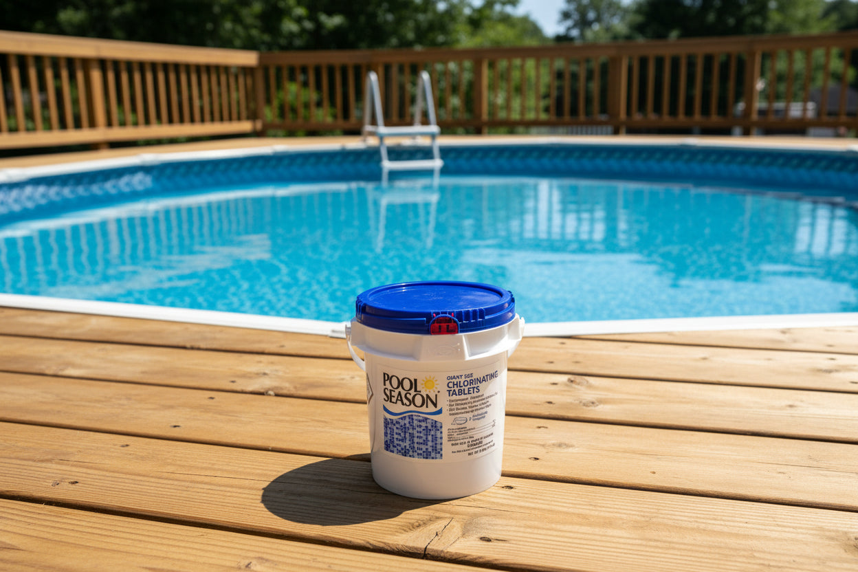 8lb Chlorine Tab Bucket on pool deck