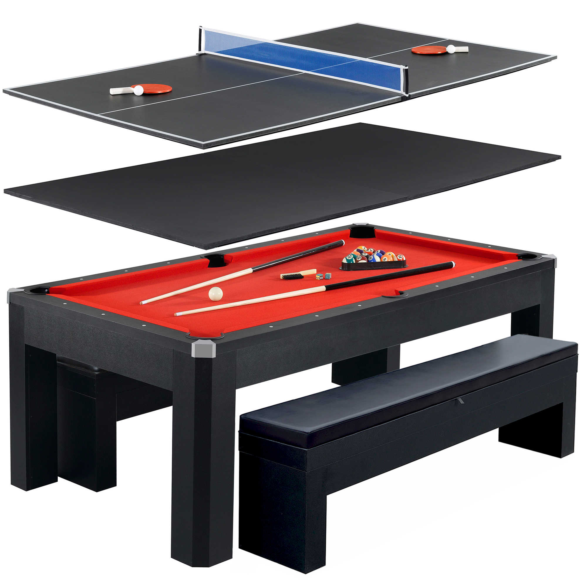 Park Avenue 7-ft Pool Table Combo Set with Benches - Black with Red Felt