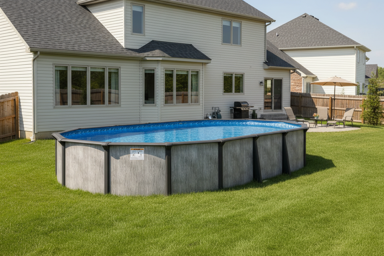 lagoon luxe oval-hybrid resin steel-pool with skimmer liner 8 rails