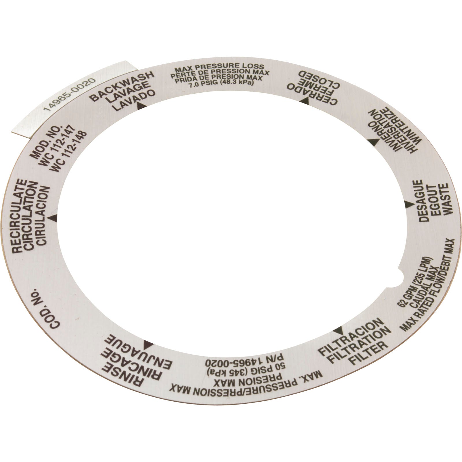 Decal, Sta Rite WC 112-148, 1-/12" Mount Multiport Valve- 14965-0020