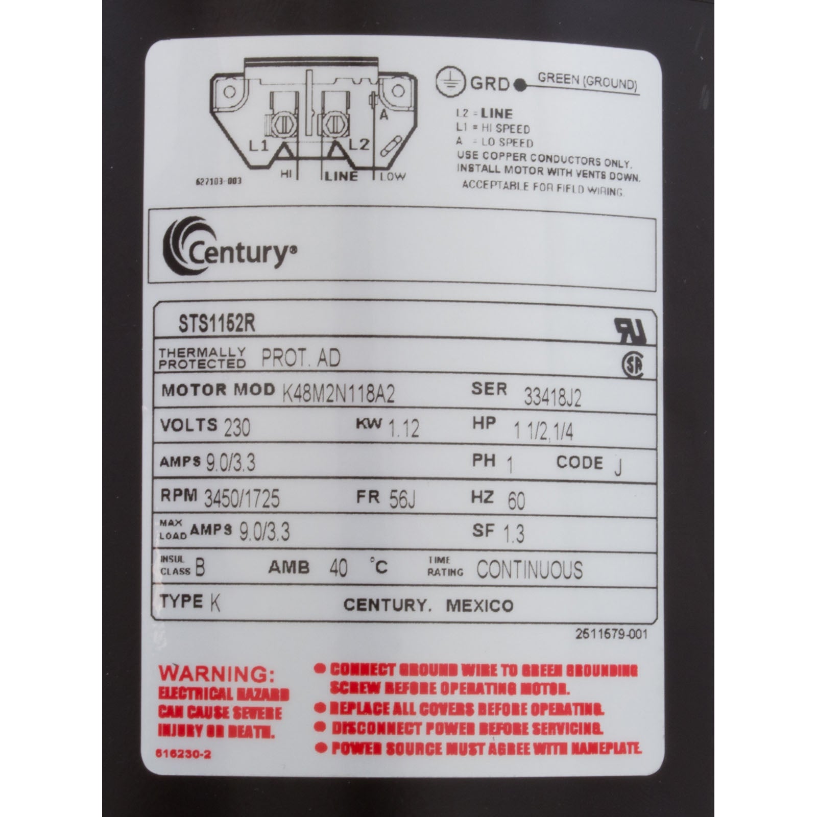 Motor, Century/AOSmith, 1.5hp, 230v, 2-Spd, 56Jfr, C-Face, Thd- STS1152R