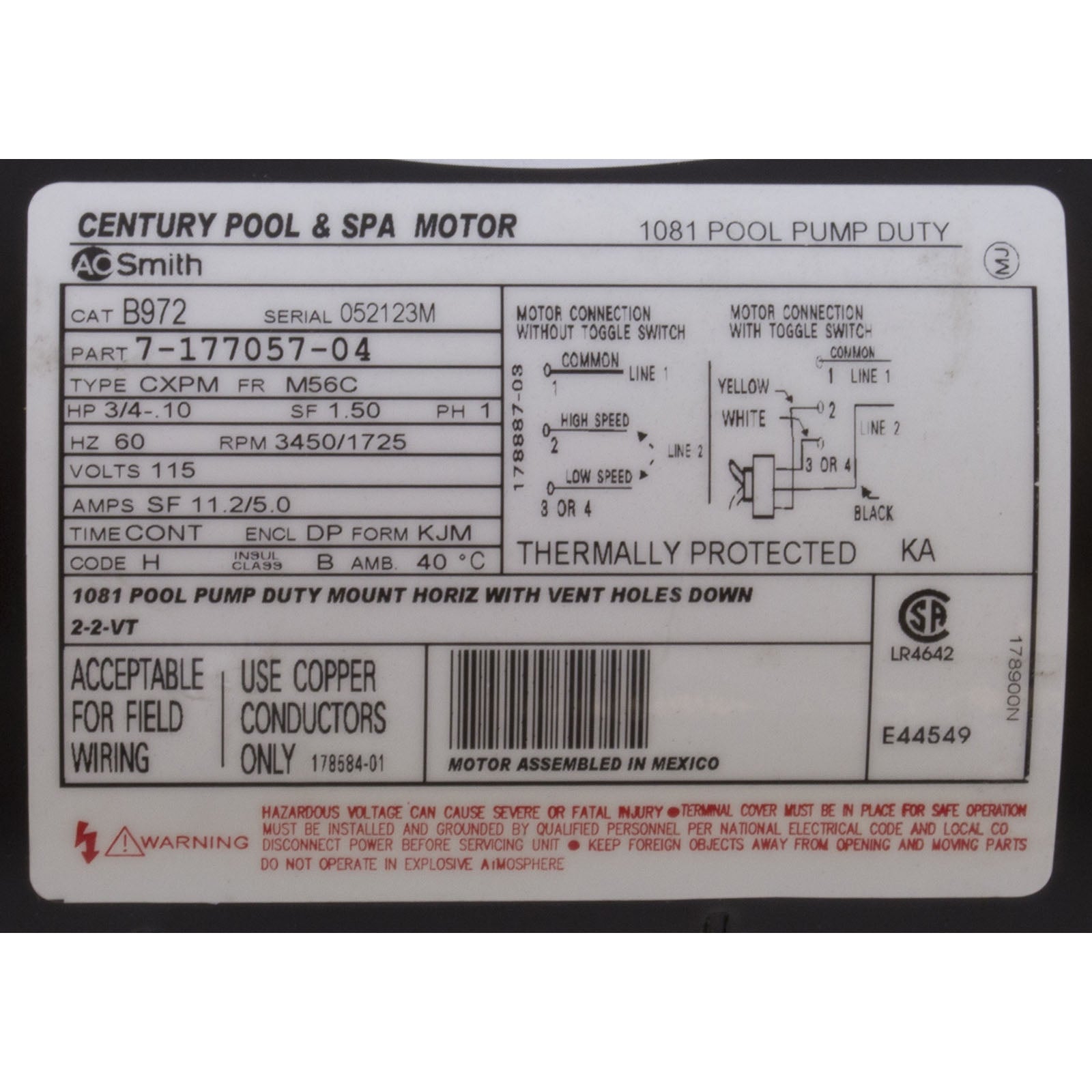 Motor, Century, 0.75hp, 115v, 2-Spd, 56Cfr, C-Face Key/ B972