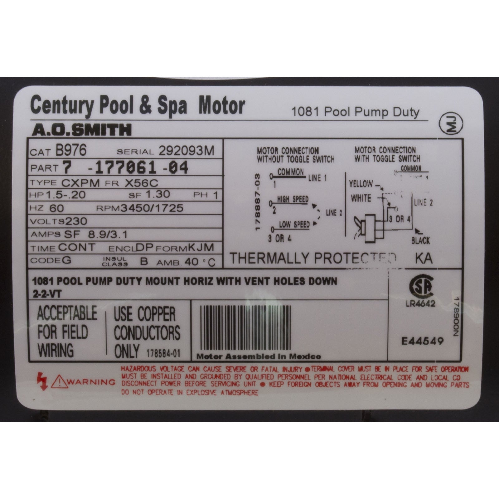 Motor, Century, 1.5hp, 230v, 2-Spd, 56Cfr, C-Face Key/ B976