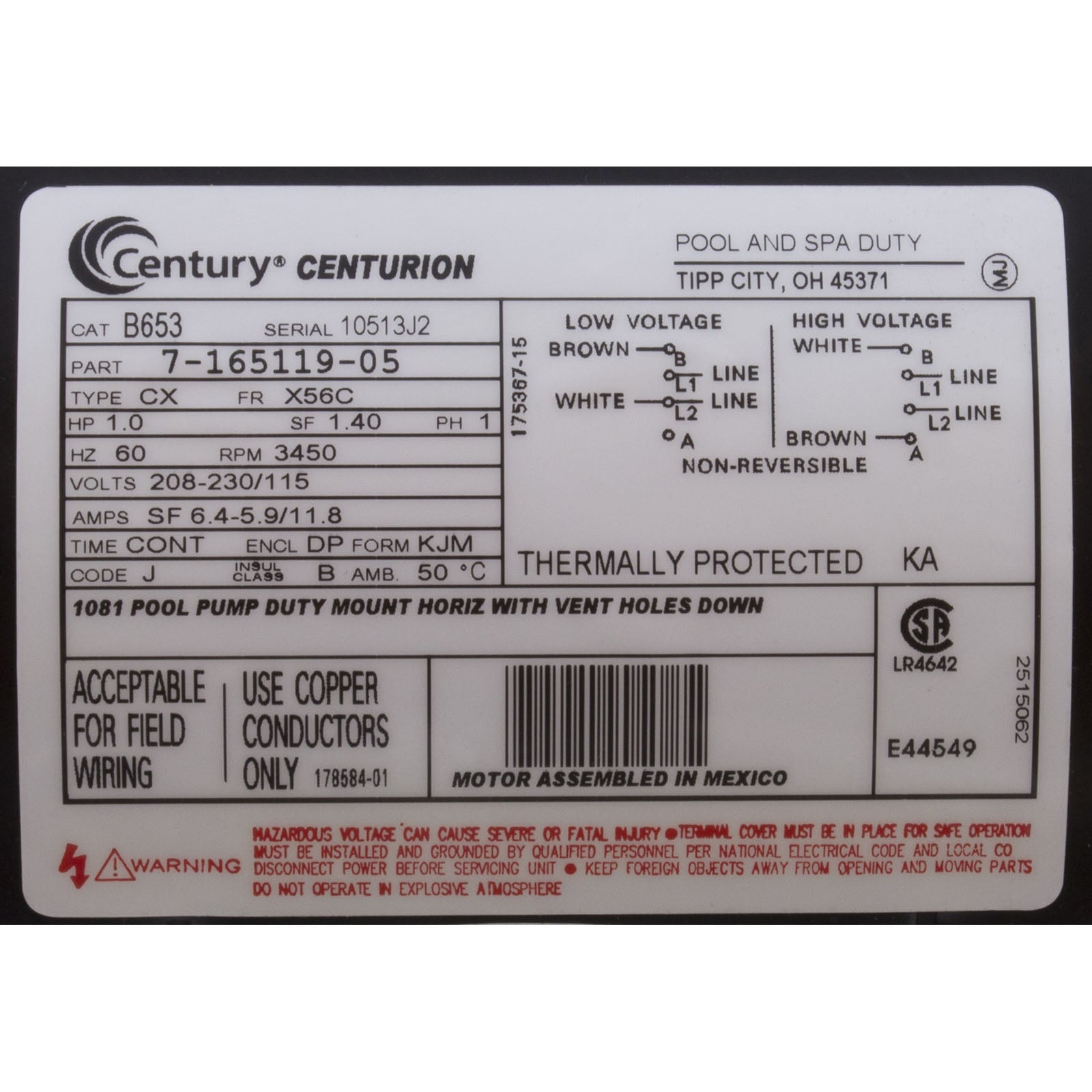 Motor, Century, 1.0hp, 115v/208-230v, 1-Spd, 56Cfr, C-Face Key, EE/ B653