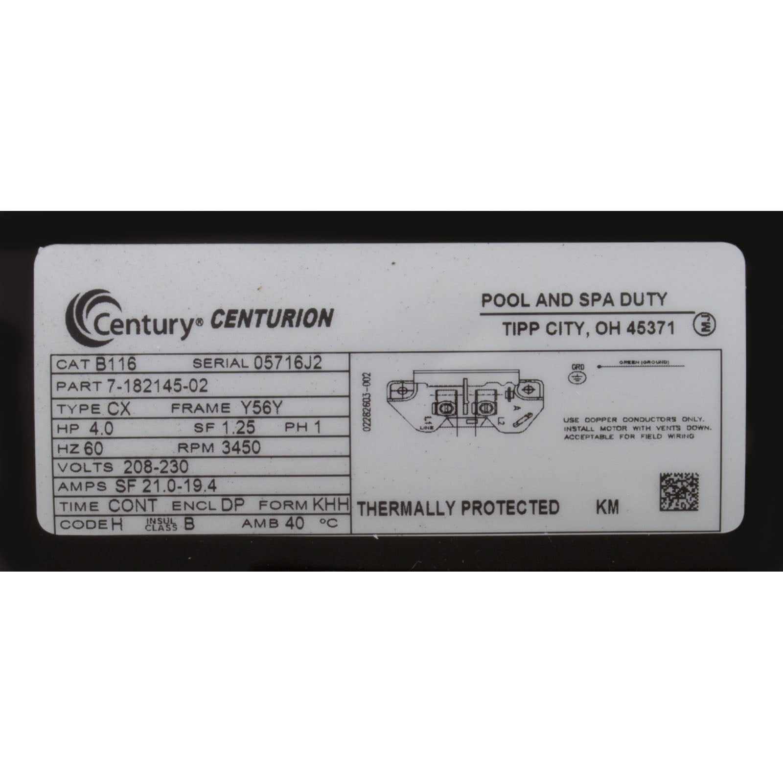 Motor, Century, 4.0hp, 208v-230v, 1-Spd, 56Yfr, C-Face, Thd/ B116