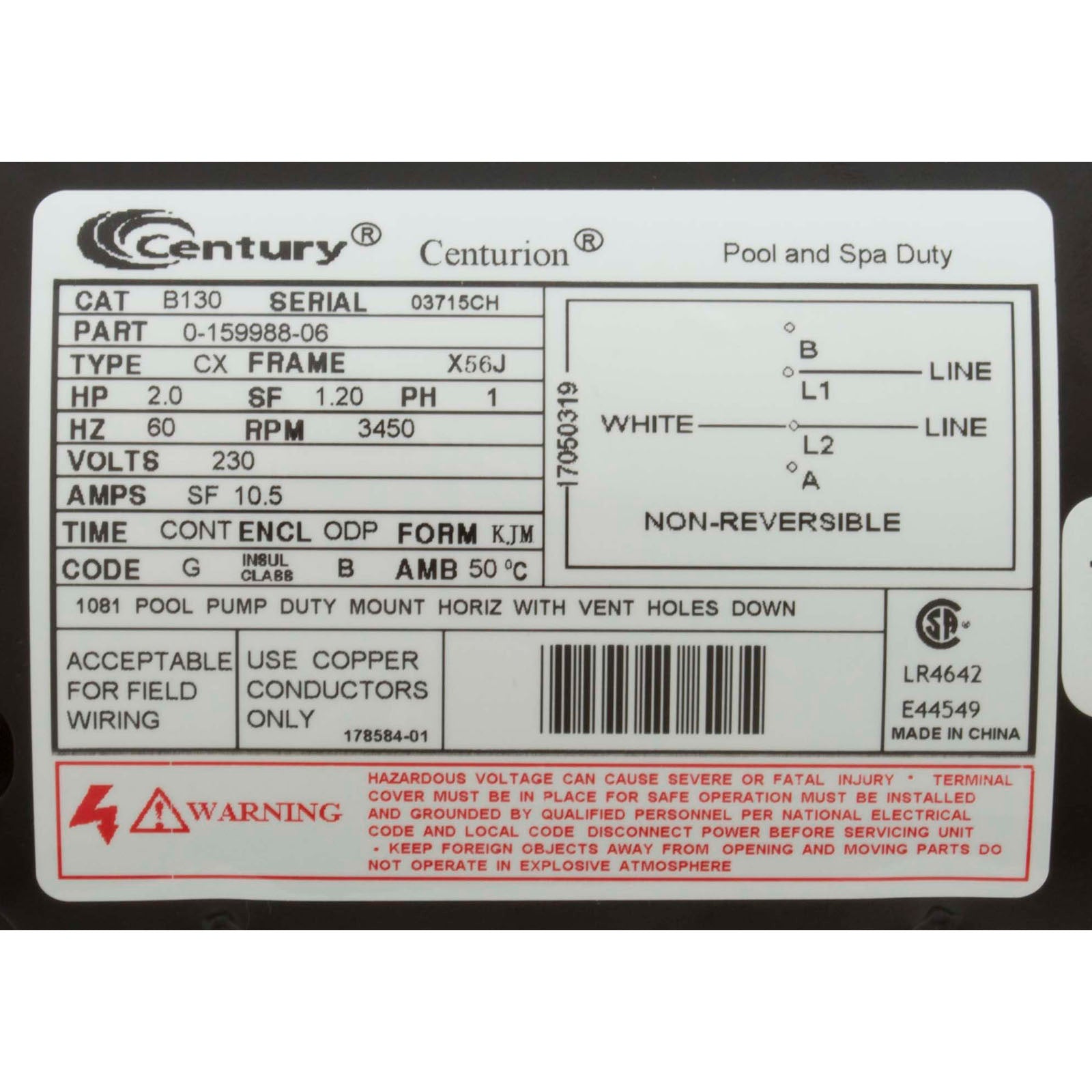 Motor, Century, 2.0hp, 230v, 1-Spd, 56Jfr, C-Face Thd- B130