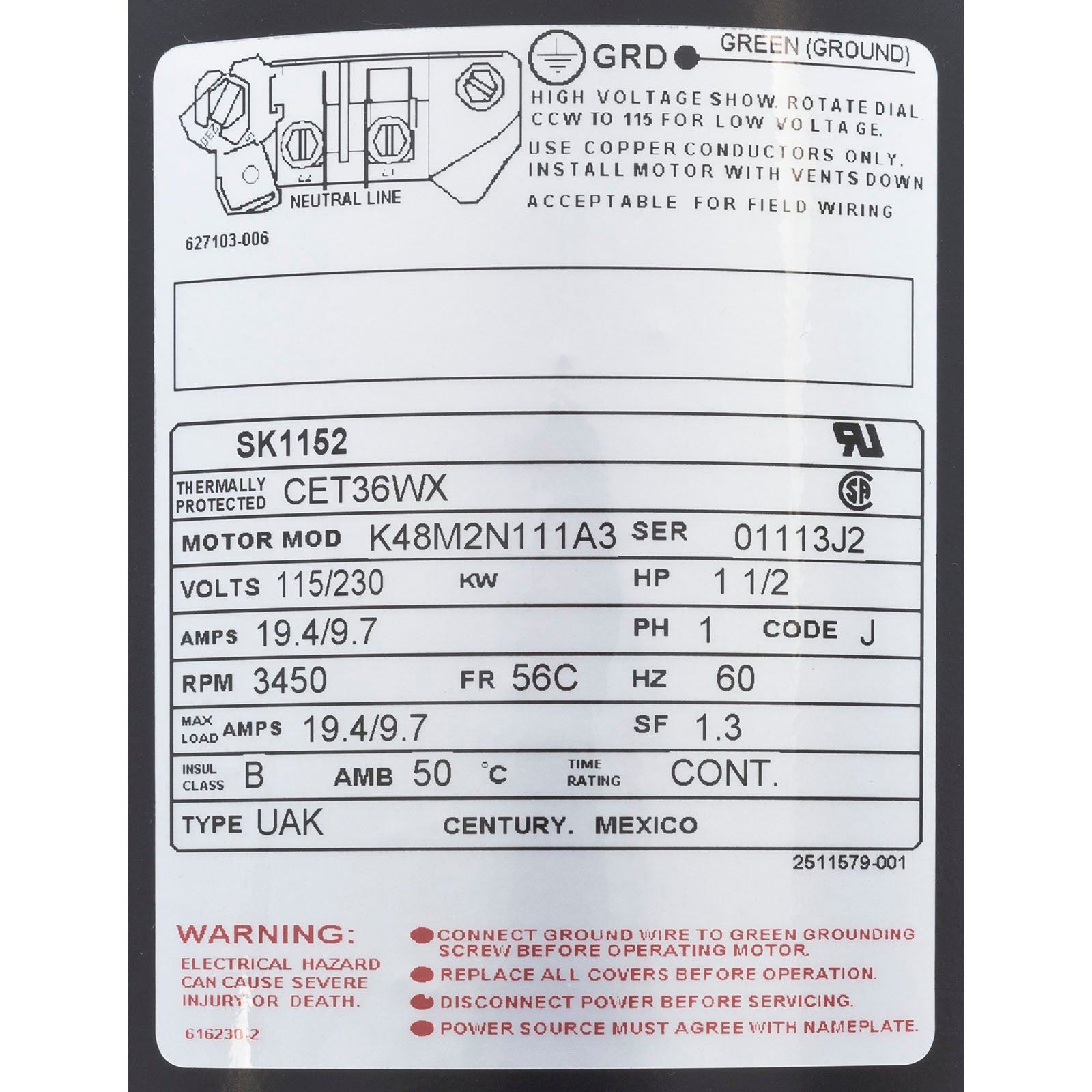 Motor, Century, 1.5hp, 115v/230v, 1-Spd, 56Cfr, C-Face Key/ SK1152