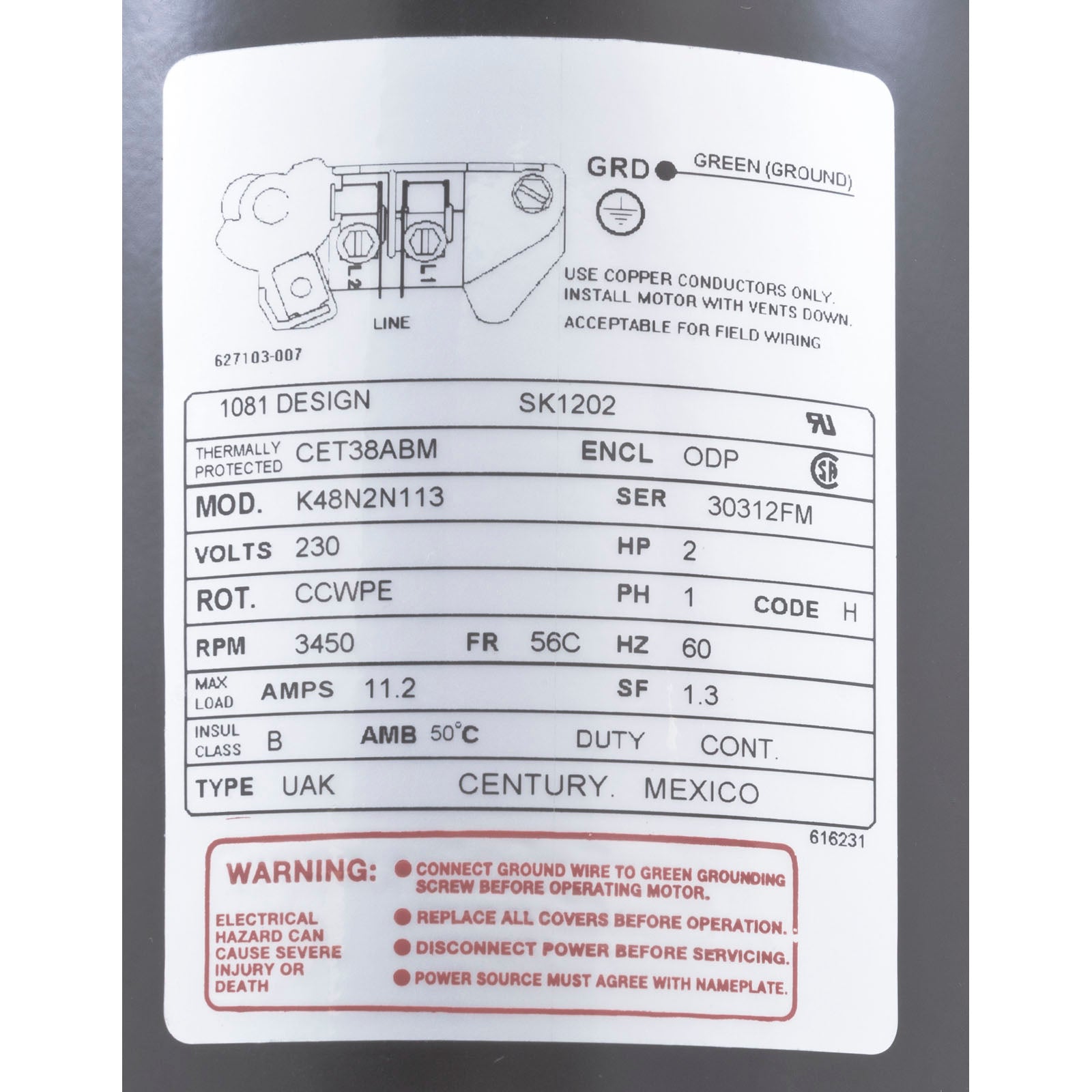 Motor, Century, 2.0hp, 230v, 1-Spd, 56Cfr, C-Face Key/ SK1202