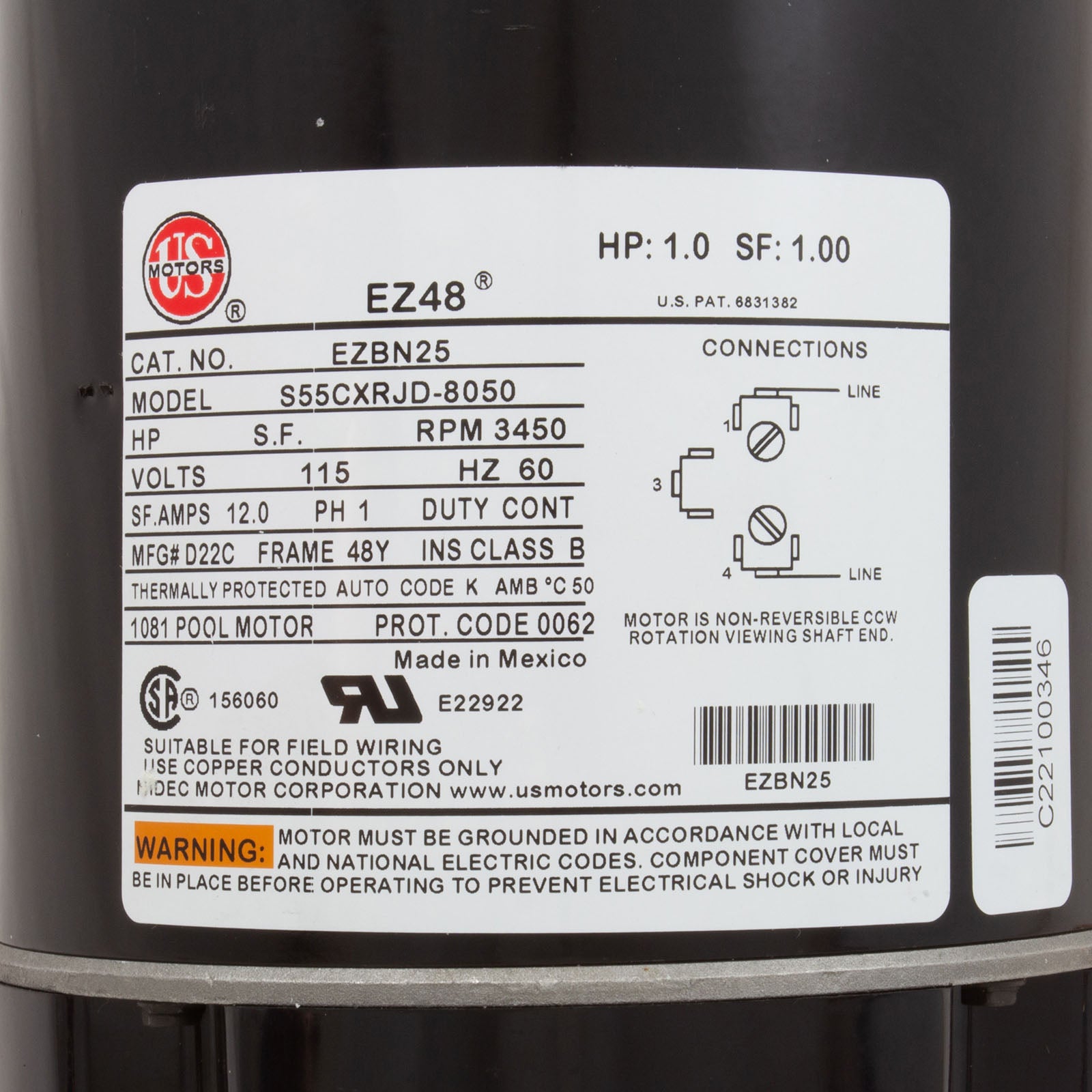 Motor, Nidec/US Motor, 1.0hp, 115v, 1-Spd, 48Y Frame/ EZBN25
