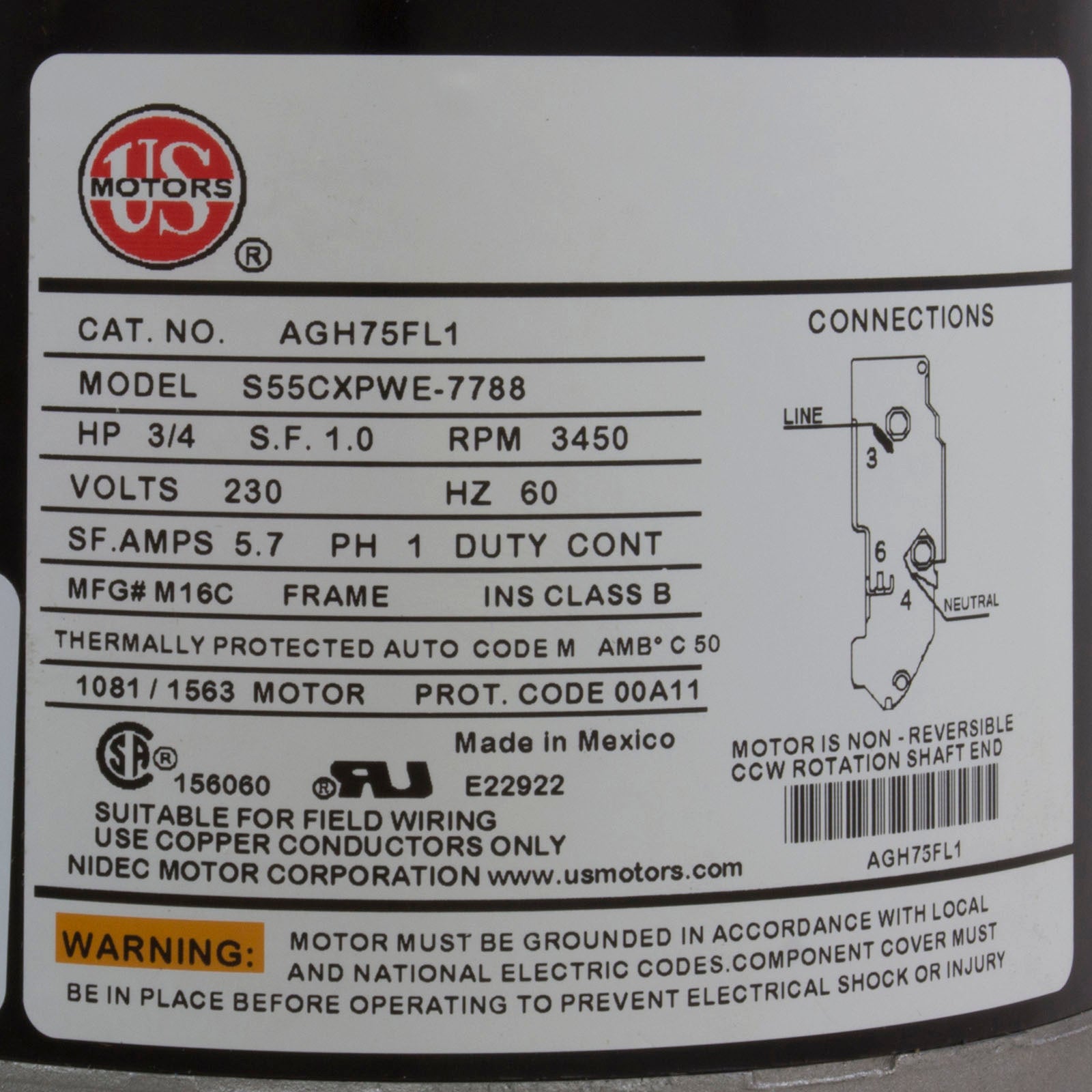 Motor, US Motor, 0.75 Horsepower, ThruBolt, 1-Speed, 230v, 5.7A/ AGH75FL1