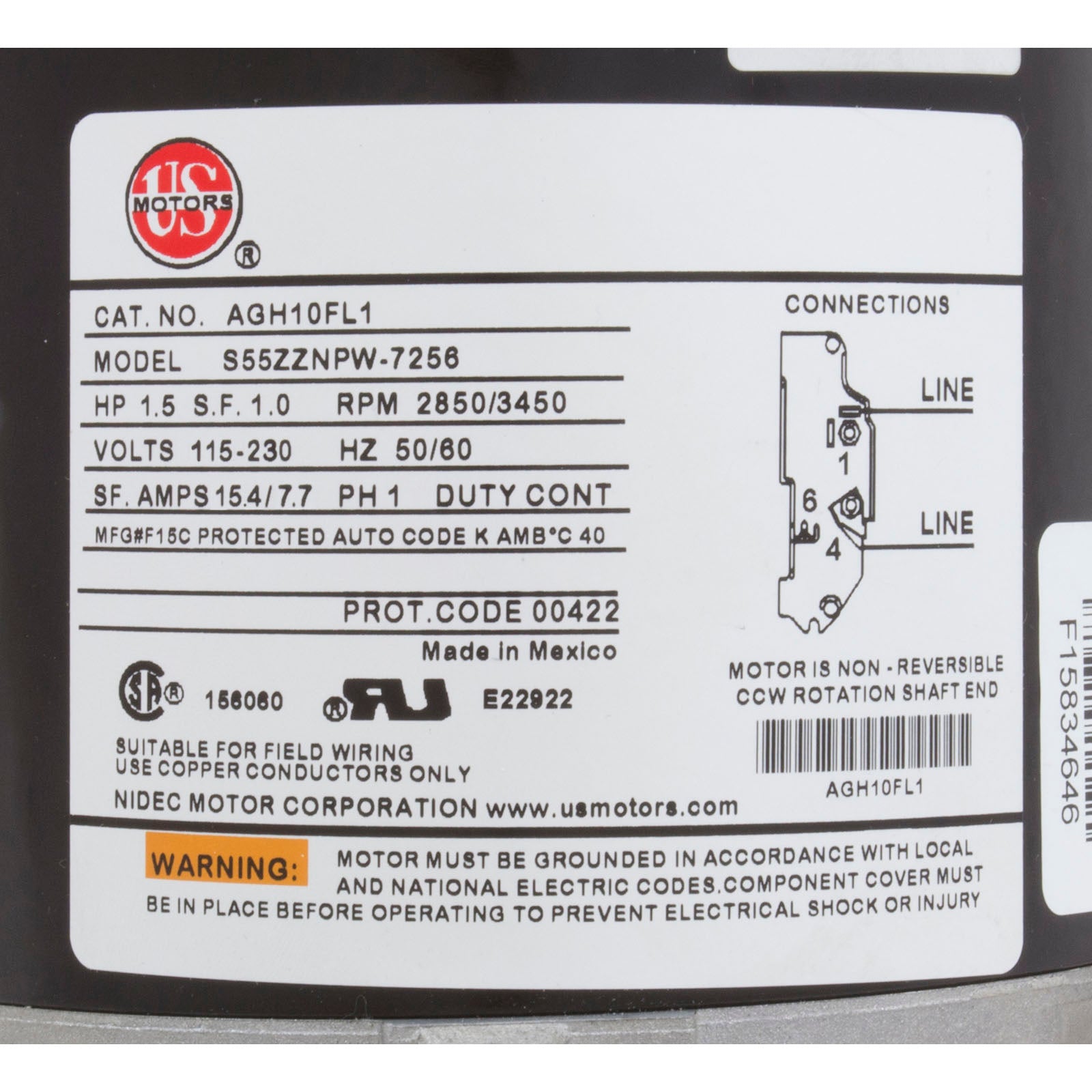 Motor, US Motor, 1.5 Horsepower, Thru Bolt 1-Speed, 115/230v/ AGD15FL1