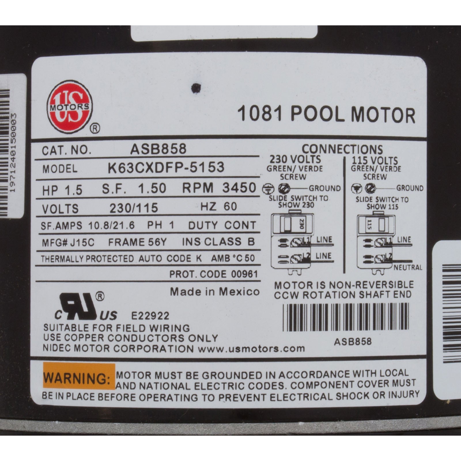 Motor, US Motor, 1-1/2 Hp 115/230v SQFL/ ASB858