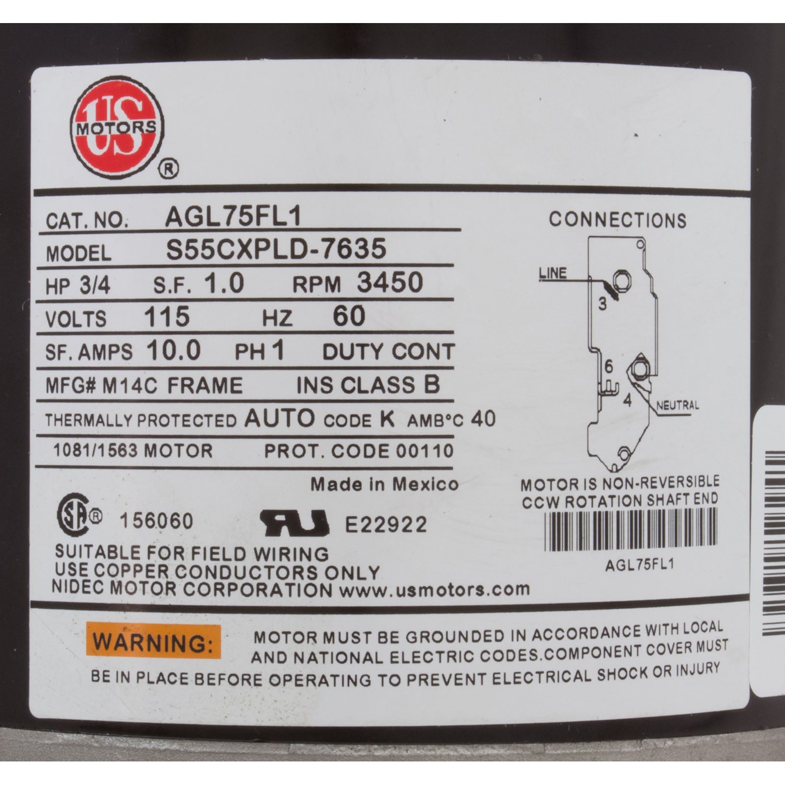 Motor, Nidec/US Motor, 0.75hp, 115v, 1-Speed, 48Y Frame/ AGL75FL1
