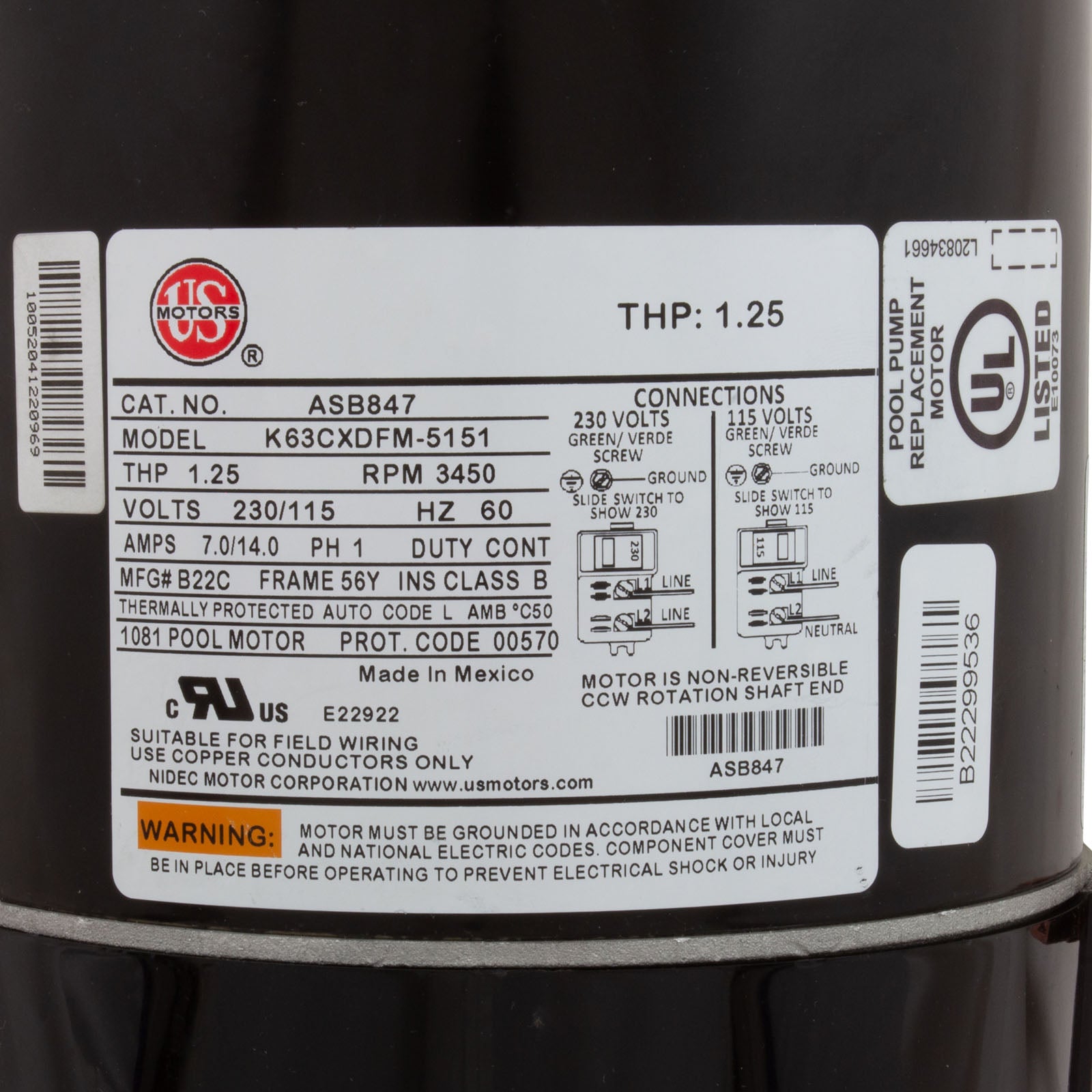 Motor, US Motor, 0.75hp, 115/230v, 56YFr, SQFL, Full Rated/ ASB847