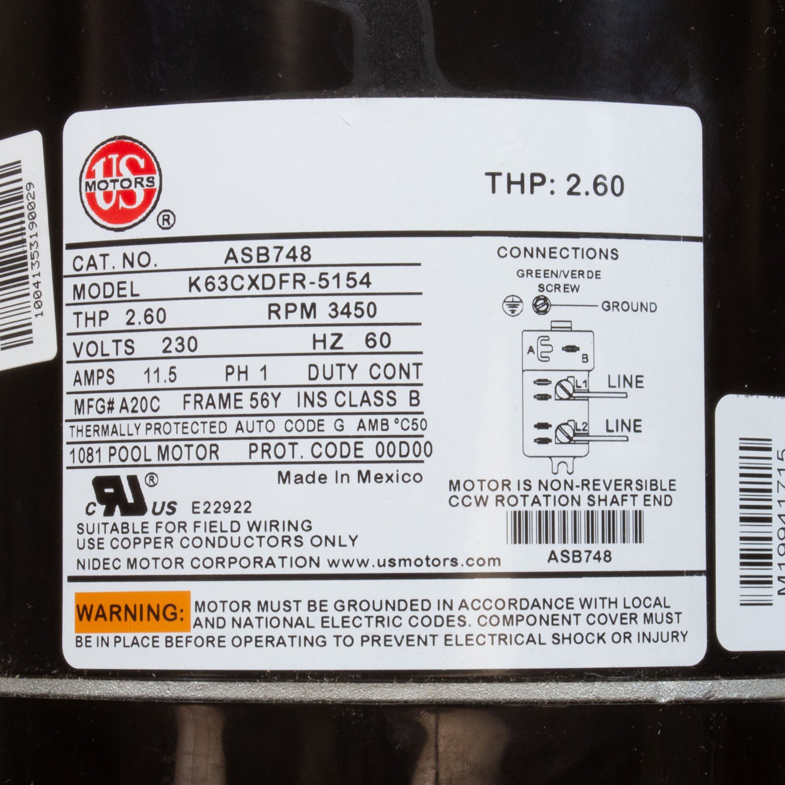 Motor, US Motor, 2.0hp, 230v, 56YFr, SQFL, Full Rated/ ASB748