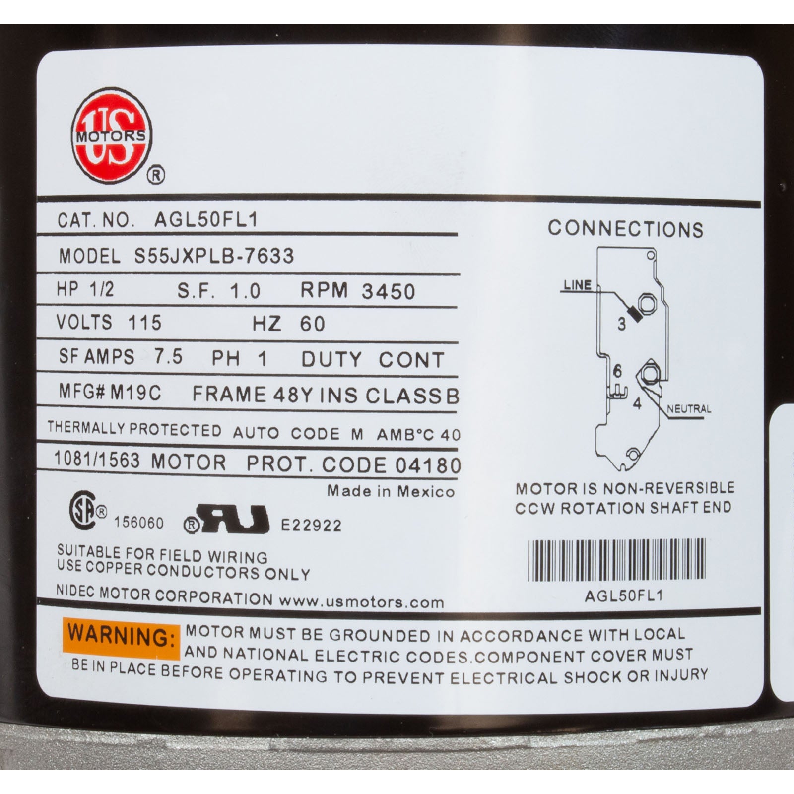 Motor, Nidec/US Motor, 0.5hp, 115v, 1-Speed, 48Y Frame- AGL50FL1