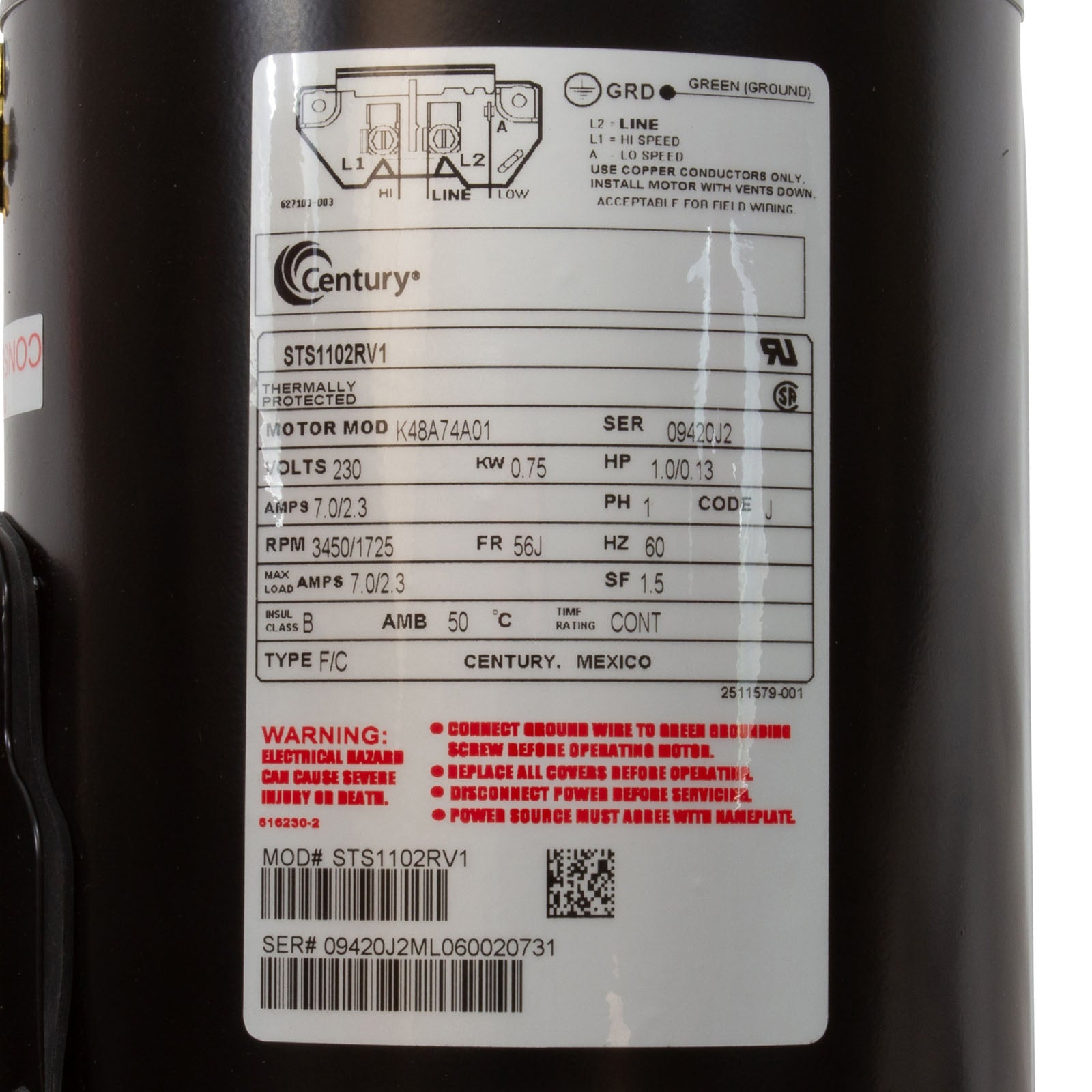 Mtr, Cent, 1/.13Hp, 230V, 2-Sp, Sf1.5, 56Jfr- STS1102RV1