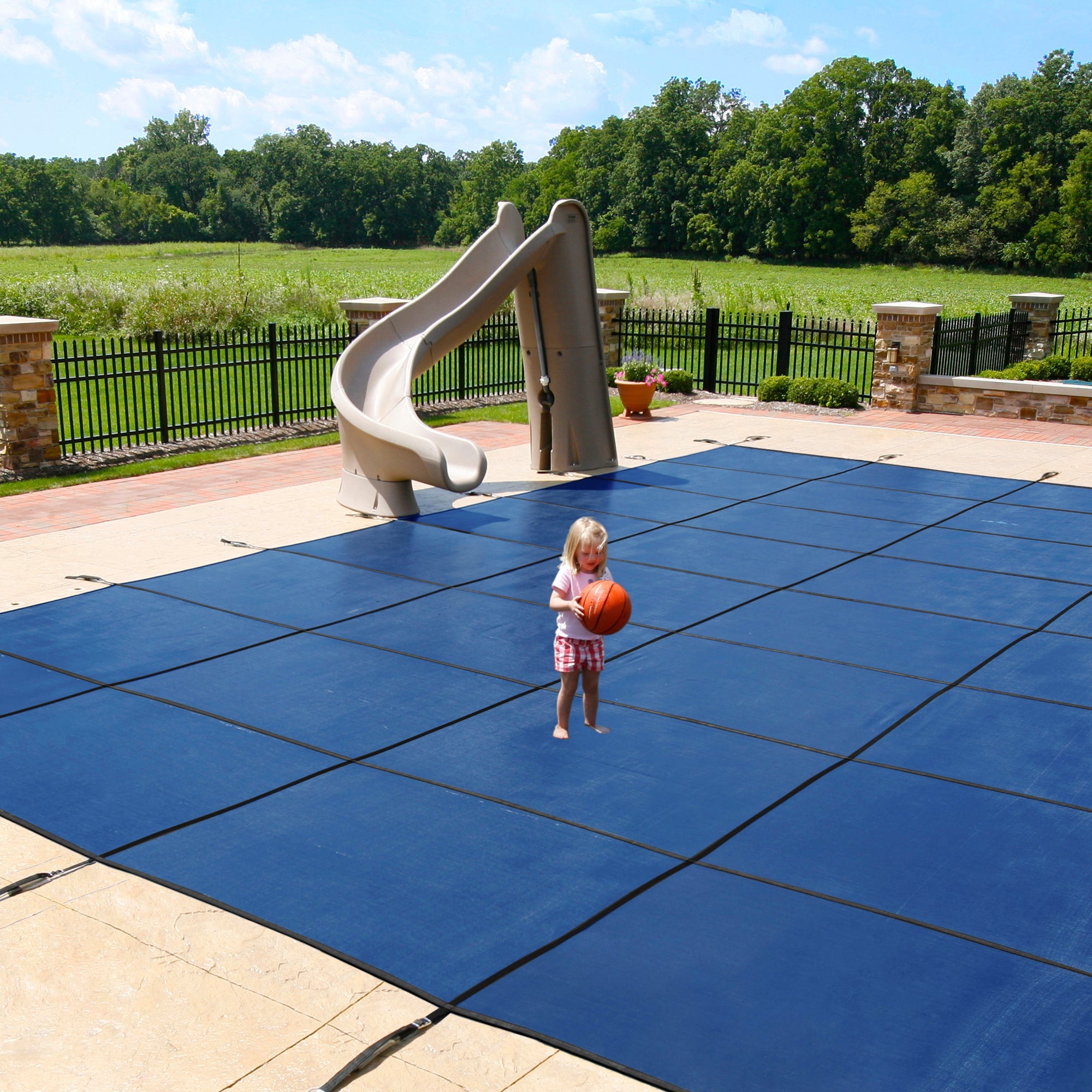 18-Year Mesh Safety Cover for 14' x 28' Rectangle Pool with Center End Step - Blue