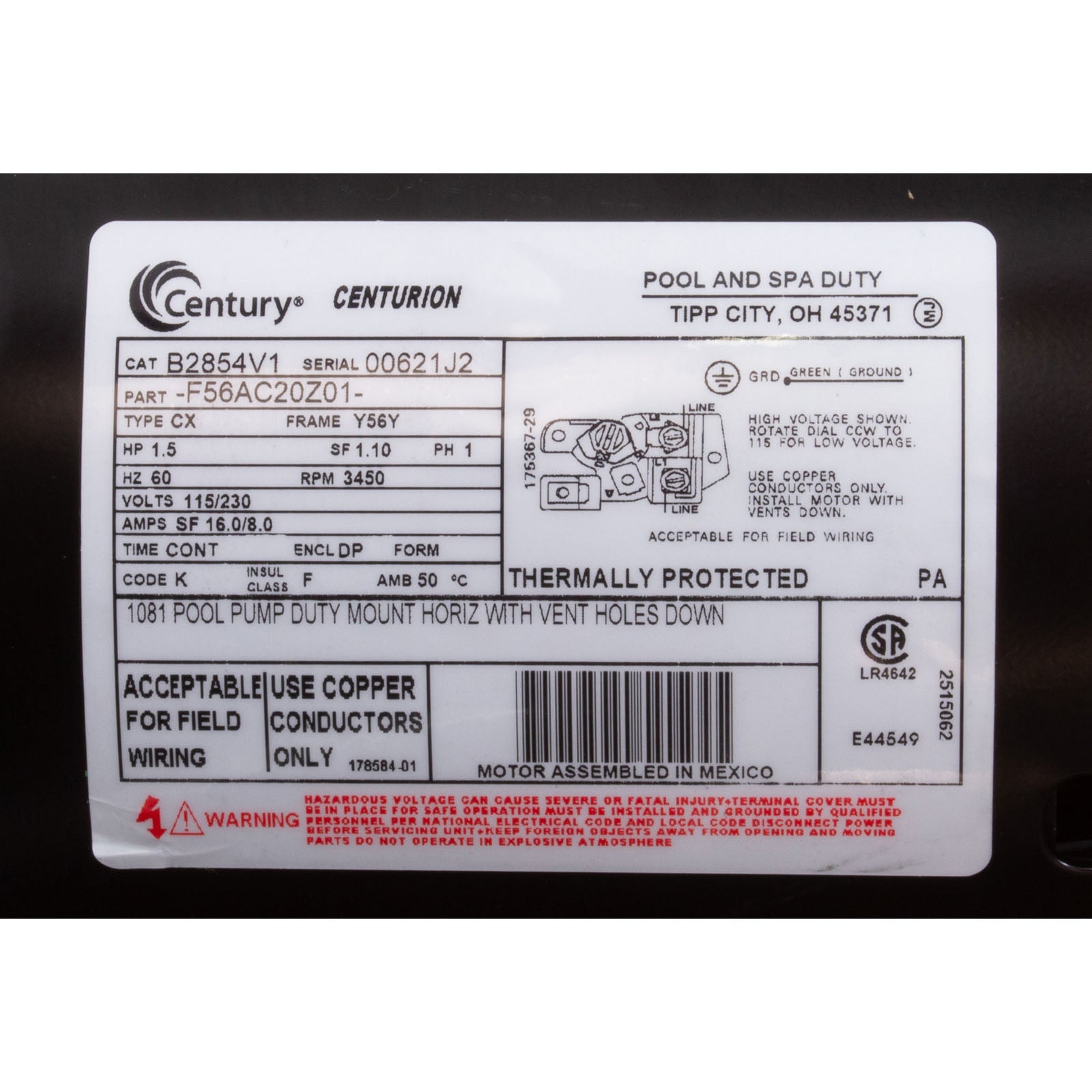 Century 1.5 HP Square Flange Premium Up Rated Service Factors 115-230V | B2854V1