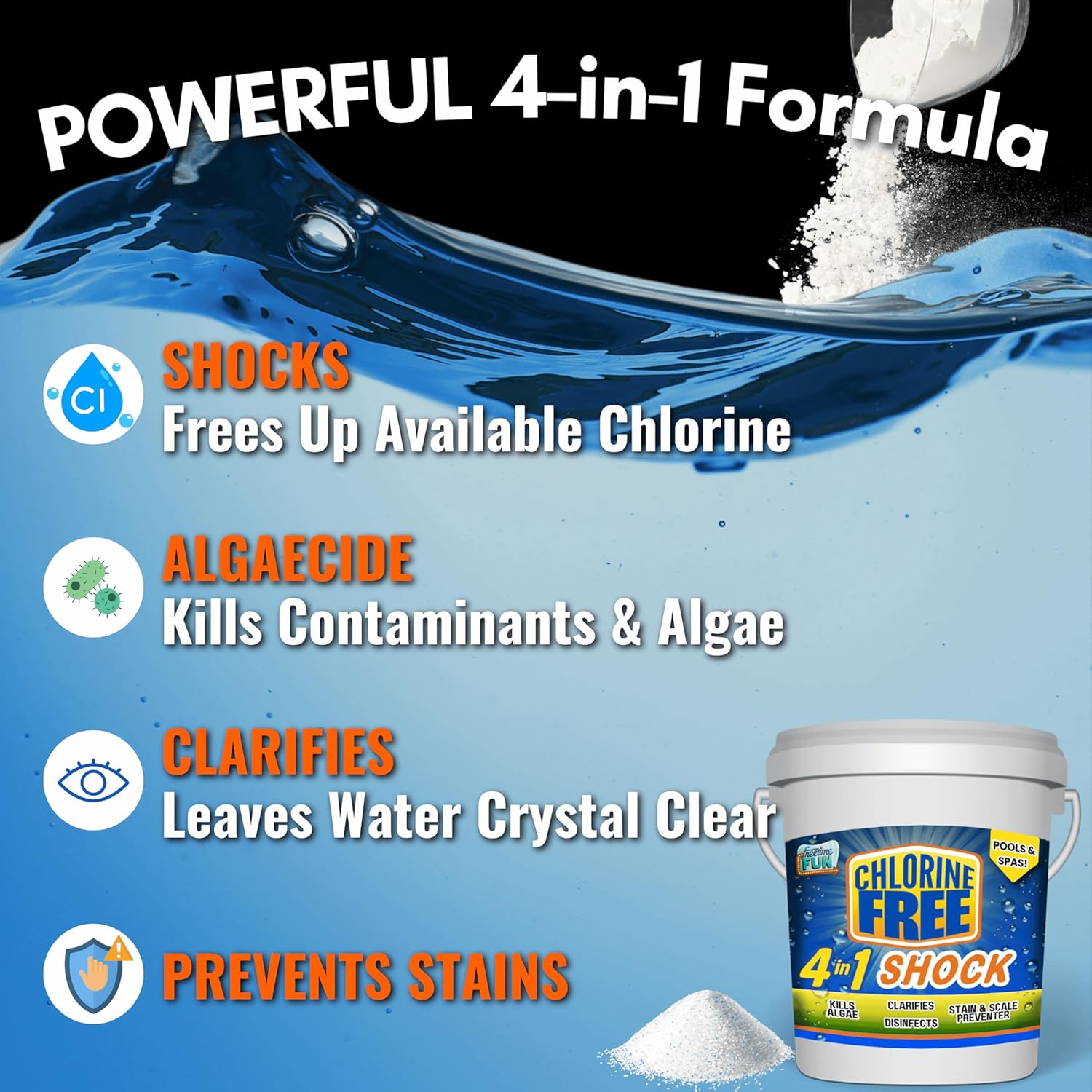 Non-Chlorine 4 in 1 Shock, 25lbs for Pools and Spas. Fast Acting, Quick Dissolving, Shock, Sanitizes, Clarifies, Eliminates Algae & Prevents Stains. Reduces Harsh Chlorine Usage