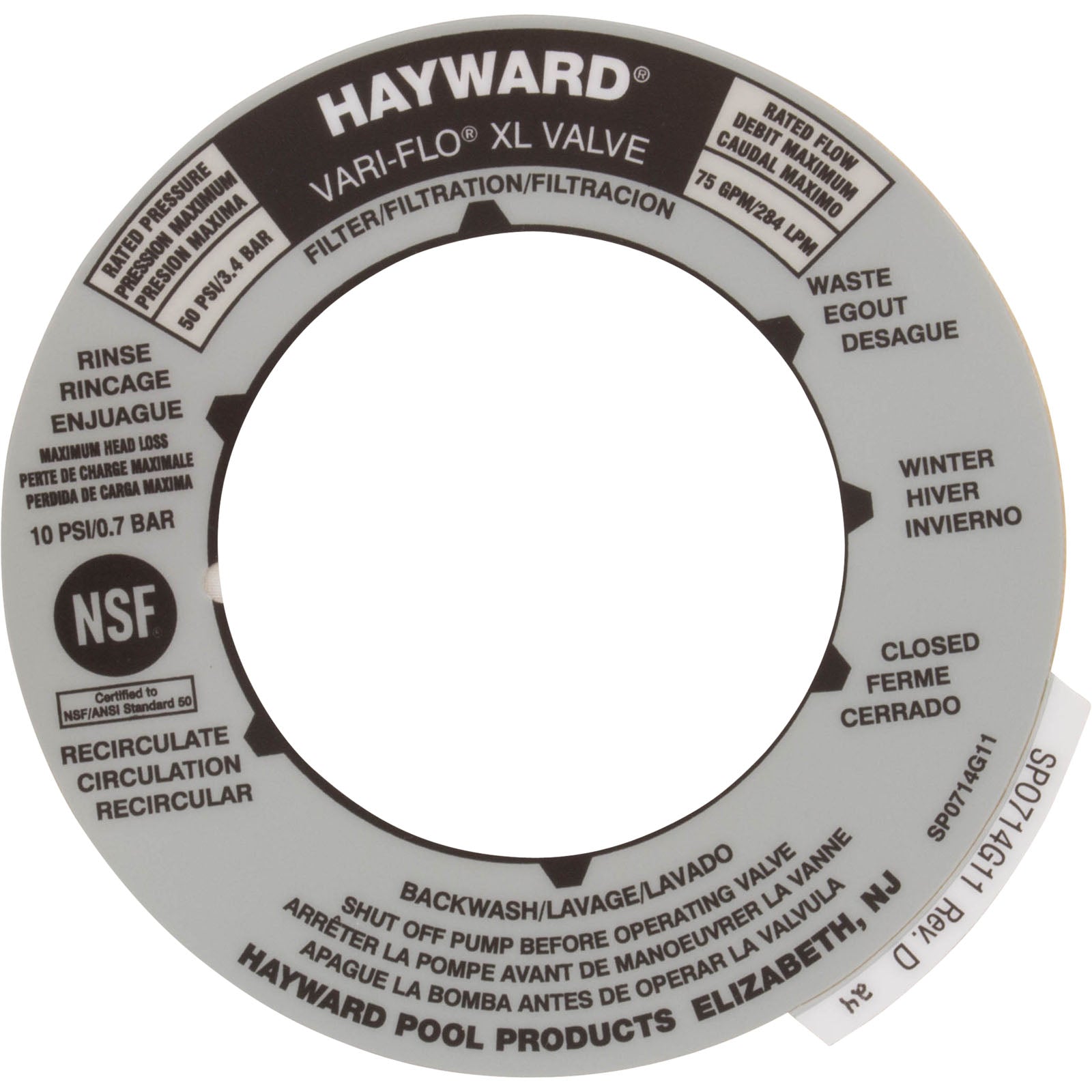 Hayward SP0714T Vari-Flo XL Valve Position Decal Label - SPX0714G