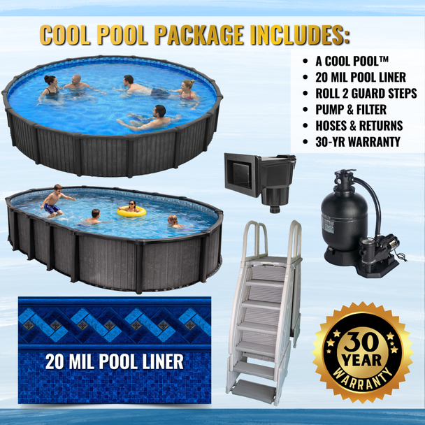 24' Round Cool Pool 54” Salt Friendly Above Ground Round Pool Package w/ In-Pool Step