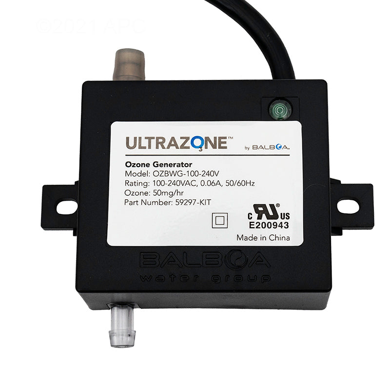 The Balboa Ultrazone Ozone Generator unit in black plastic with a white label, featuring a black cable, a clear plastic inlet tube.

