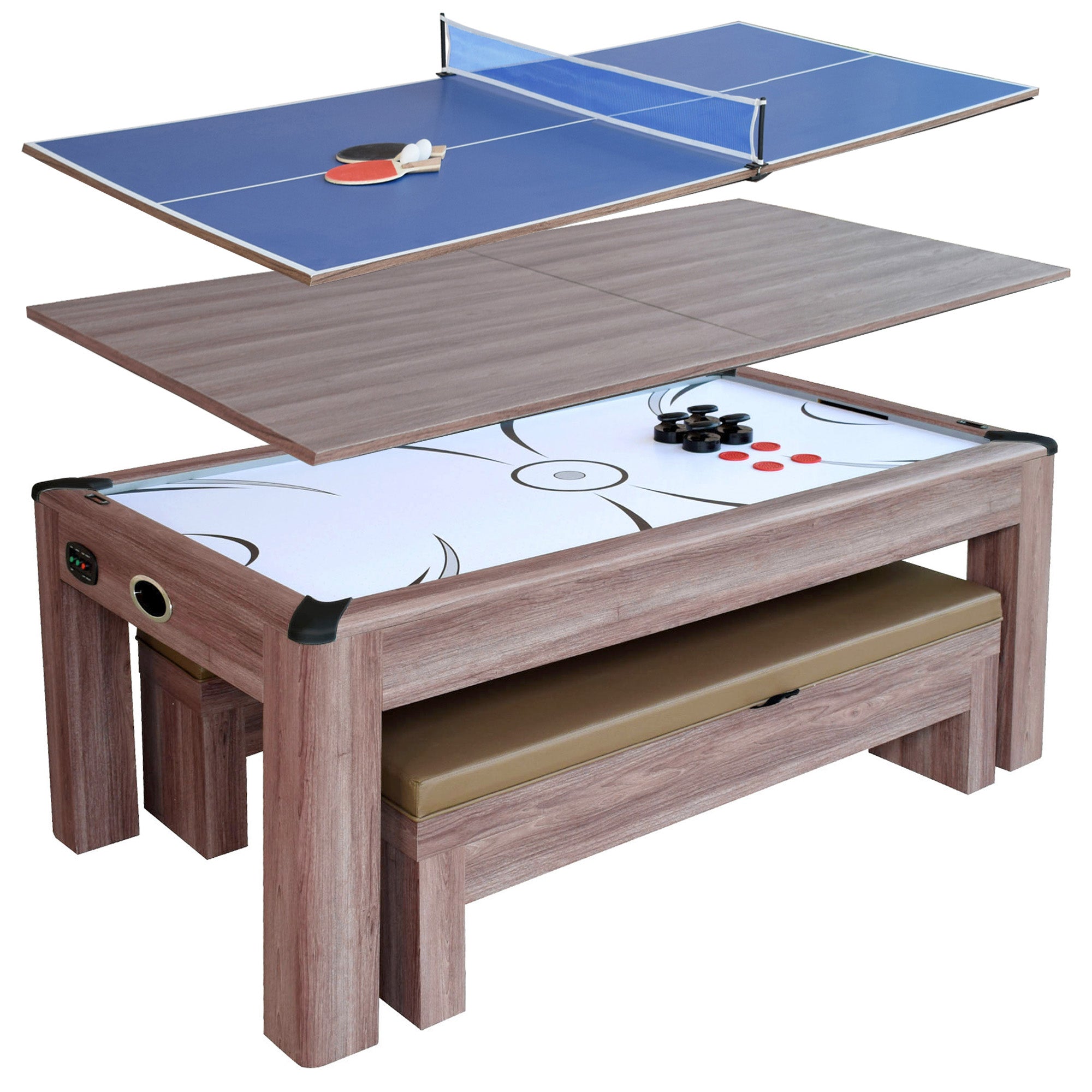 Driftwood 7 Foot Air Hockey Table Combo Set with Benches